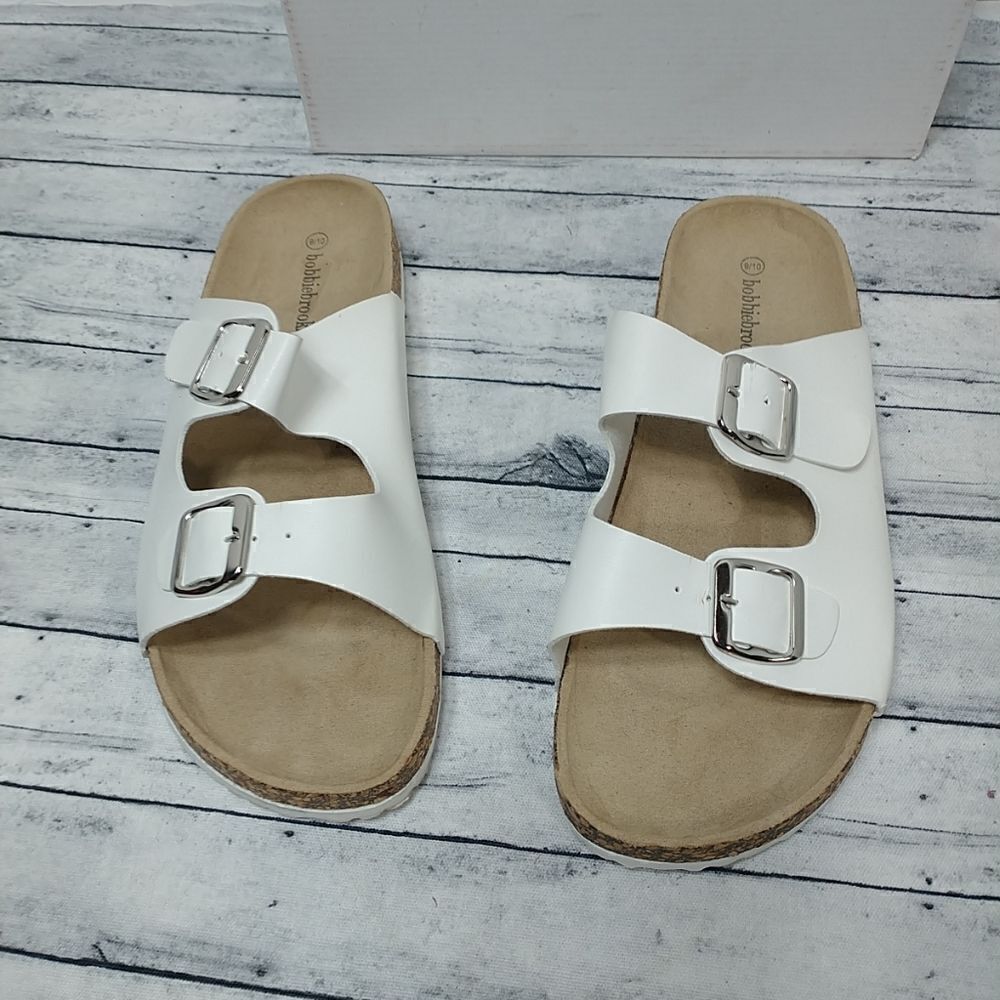 Bobbie Brooks White Leather Double Strap Cork Sandals Slides Women’s 9/10M